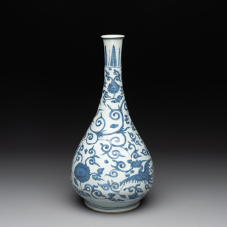 A Chinese blue and white 'phoenix and flower scroll' bottle vase, Ming