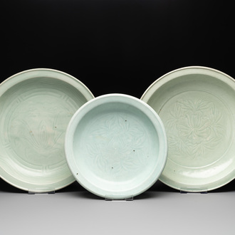 Three Chinese celadon dishes with floral design, Ming and later