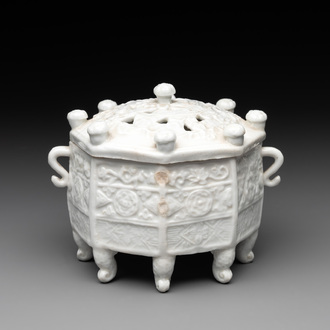 A Chinese Dehua blanc de Chine 'Marco Polo' censer and cover, Kangxi