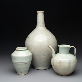 A pale celadon-glazed vase, a jar and a ewer, Asia, 19th C and later