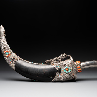 A large Tibetan coral- and turquoise-inlaid silver dagger, 19th C.