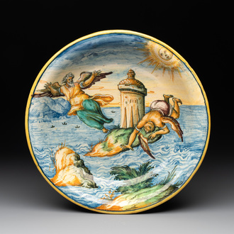 An Italian maiolica 'Icarus and Daedalus' istoriato dish, Urbino, 3rd quarter 16th C.
