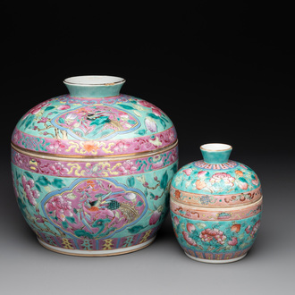 Two Chinese famille rose turquoise-ground 'chupu' bowls and covers for the Straits or Peranakan market, 19th C.