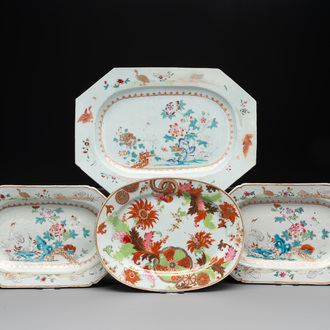 Three Chinese famille rose octagonal 'crane' dishes and an oval 'pseudo-tobacco leaf' dish, Qianlong