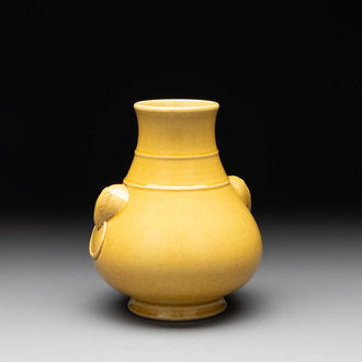 A Chinese yellow-glazed 'hu' vase, Qianlong mark, 19/20th C.