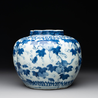 A Chinese blue and white 'fruiting vines and a squirrel' melon-shaped  jar, Ming