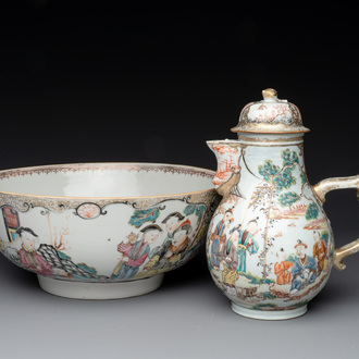 A Chinese Canton famille rose 'mandarin subject' bowl and a covered ewer, Qianlong