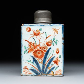 A polychrome Dutch Delft pewter-mounted tea caddy with floral design, 18th C.