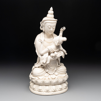 A Chinese Dehua blanc de Chine group of the seated Buddha Vajrasattva and Shakti on a lotus throne, 20th C.