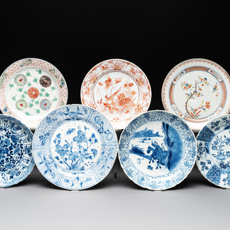 Seven Chinese famille verte, iron-red, blue and white plates, Kangxi