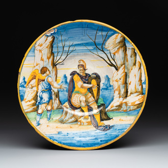 An Italian maiolica istoriato plate, signed Sforza Di Marcantonio, Pesaro, dated 1576