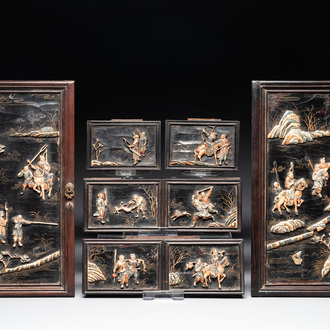 Six Chinese bone-inlaid lacquered wooden furniture panels with hunting scenes, 18/19th C.