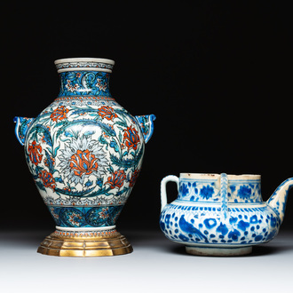 A blue and white Persian Qajar ewer and a bronze-mounted Iznik-style vase, Samson, Paris, 19th C.