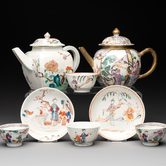 Two Chinese famille rose teapots, four cups and two saucers, Qianlong