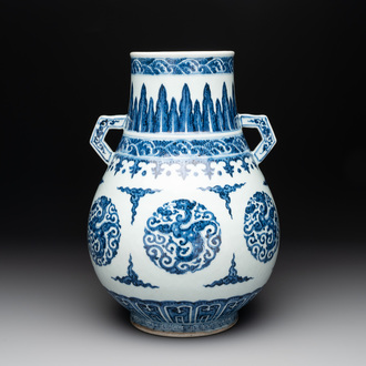 A Chinese blue and white 'hu' vase with phoenixes, Qianlong