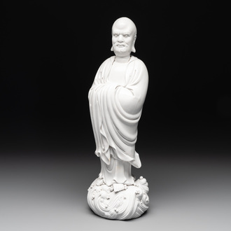 A Chinese Dehua blanc de Chine figure of Dharma, He Chaozong 何朝宗 and Dehua 德化 mark, Republic