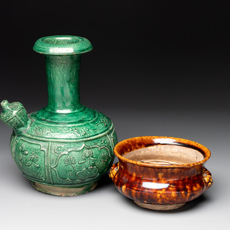 A Chinese monochrome green-glazed kendi and a brown-glazed censer, Qing