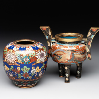 A Japanese cloissoné jar with floral design and a 'phoenix' tripod censer, 20th C.