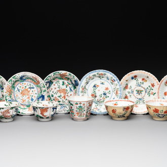 Five Chinese famille verte cups and six saucers, Kangxi