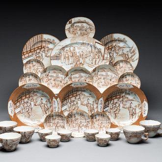 A 28-piece Chinese gilt-decorated sepia 'mandarin subject' service, Jiaqing