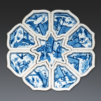 A fine Chinese blue and white sweetmeat set with figural design, Kangxi