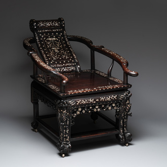 A Chinese mother-of-pearl-inlaid hongmu reclining armchair and retractable footrest, Canton, 19th C.