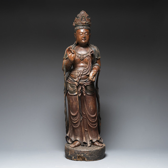 A large Chinese polychromed wooden sculpture of Guanyin, Republic