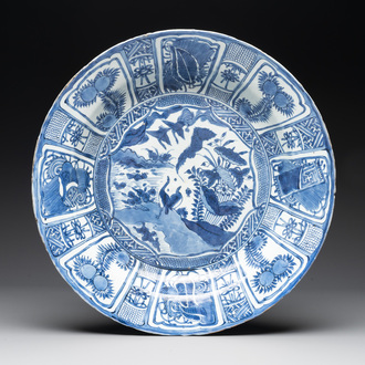 A large Chinese blue and white 'kraak' dish with geese among lotus flowers, Wanli