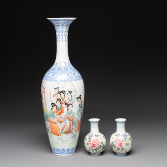 A Chinese famille rose eggshell vase with figural design and a pair of miniature vases, Qianlong mark, 20th C.