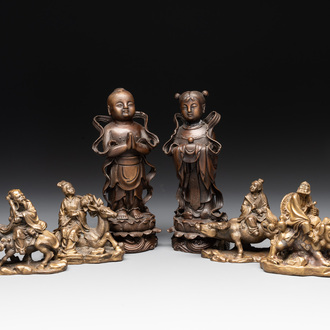 Two Chinese bronze 'He He Er Xian' figures and four immortal figures, 20th C.