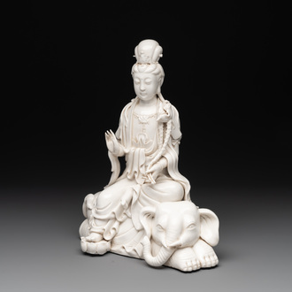 A Chinese Dehua blanc de Chine Guanyin seated on an elephant, 20th C.