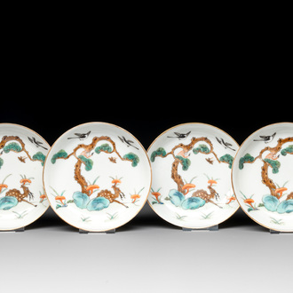 Four Chinese famille rose 'monkey and deer' saucers, Tongzhi mark and of the period