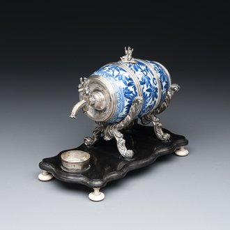 A Dutch silver-mounted Chinese blue and white barrel, silver dated 1857, Kangxi