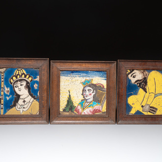 Three framed Persian tiles with figural design, Qajar, 19th C.