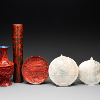 Two Chinese mother-of-pearl plaques, a cinnabar lacquer vase, a plate and a lacquer case, 19/20th C.