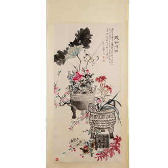 Wang Xuetao 王雪濤 (1903-1982): 'Ritual vessels and flowers', ink and colour on paper