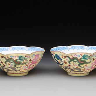 A pair of Chinese eggshell famille rose 'dragon' bowls, Qianlong mark, 20th C.