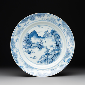 A Chinese blue and white 'Master of the Rocks' plate, Kangxi
