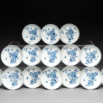 15 Chinese blue and white ko-sometsuke 'floral' saucer dishes for the Japanese market, Chenhua mark, late Ming