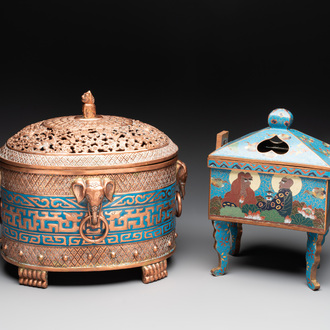 A Chinese cloisonné covered censer depicting monks and a covered censer with elephant head handles, 20th C.