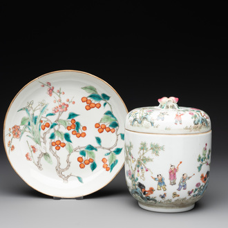 A Chinese famille rose '100 boys' covered box and a plate, Guangxu mark, Republic