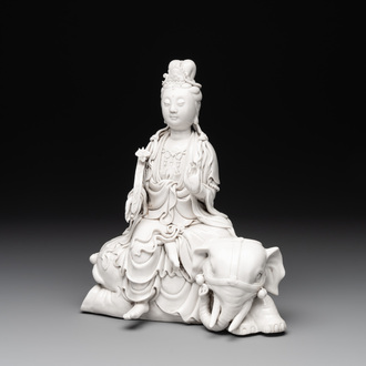 A Chinese Dehua blanc de Chine Guanyin seated on an elephant, 20th C.