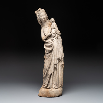 A stone sculpture of Madonna with Child, France, 14th C.
