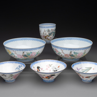 Five Chinese famille rose eggshell bowls and a cup, 20th C.