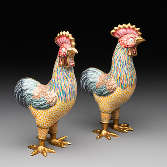 A pair of Chinese Canton enamel roosters, 20th C.