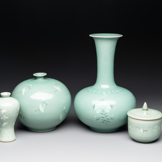 Three Korean celadon-glazed vases and a covered pot, 20th C.