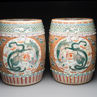 A pair of Chinese famille rose 'dragon and phoenix' garden seats, 19/20th C.
