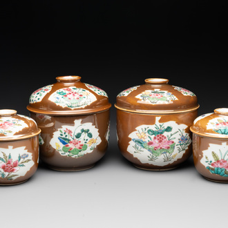 Four Chinese famille rose capucin-brown-ground sugar bowls and covers, Qianlong