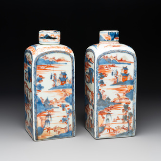 A pair of Chinese Imari-style square flasks and covers, Kangxi