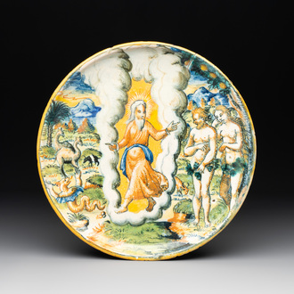 An Italian maiolica 'Adam and Eve expelled from paradise' tazza, Urbino, 2nd half 16th C.